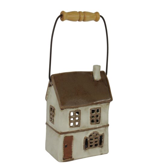 Lichterhaus Waldkirch Keramik Teelichthalter, 12,5x8x18,5cm, Windlicht mit Holzgriff, Weiß-Braun