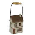 Lichterhaus Waldkirch Keramik Teelichthalter, 12,5x8x18,5cm, Windlicht mit Holzgriff, Weiß-Braun